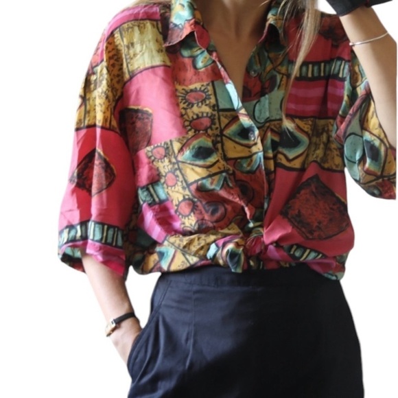 VTG STUNT COLLECTIONS Abstract Pattern Short Sleeve 100% Silk Shirt Women's L - Picture 3 of 16